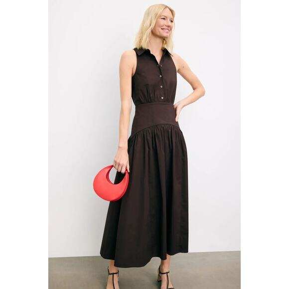 STAUD Romy Maxi Dress Flattering Brown Stretch Cotton Minimalist Elegance Size 0